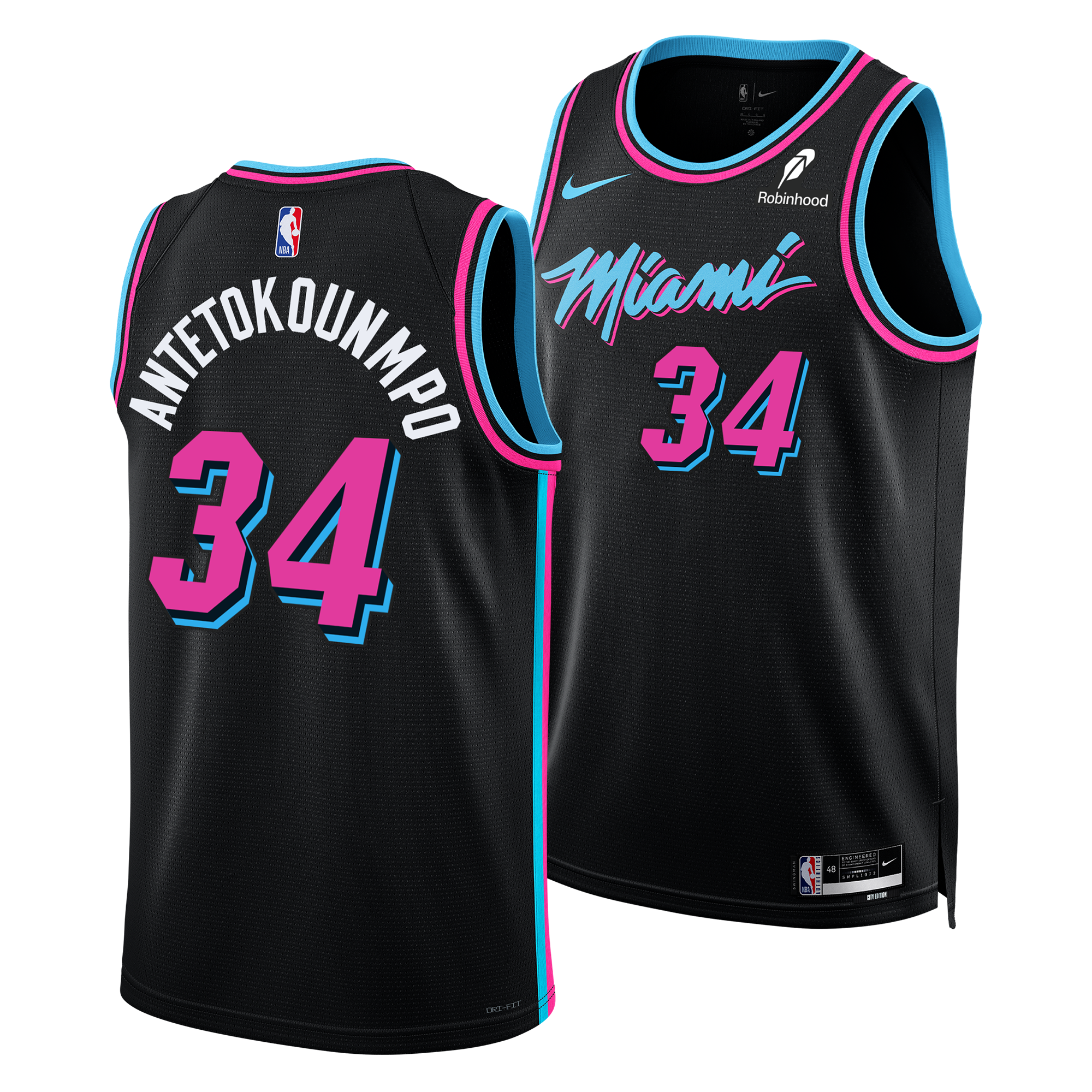 Two black Giannis Antetokounmpo Nike Original Vice Nights Swingman Jerseys. Each features number 34, neon pink and blue trim, 
