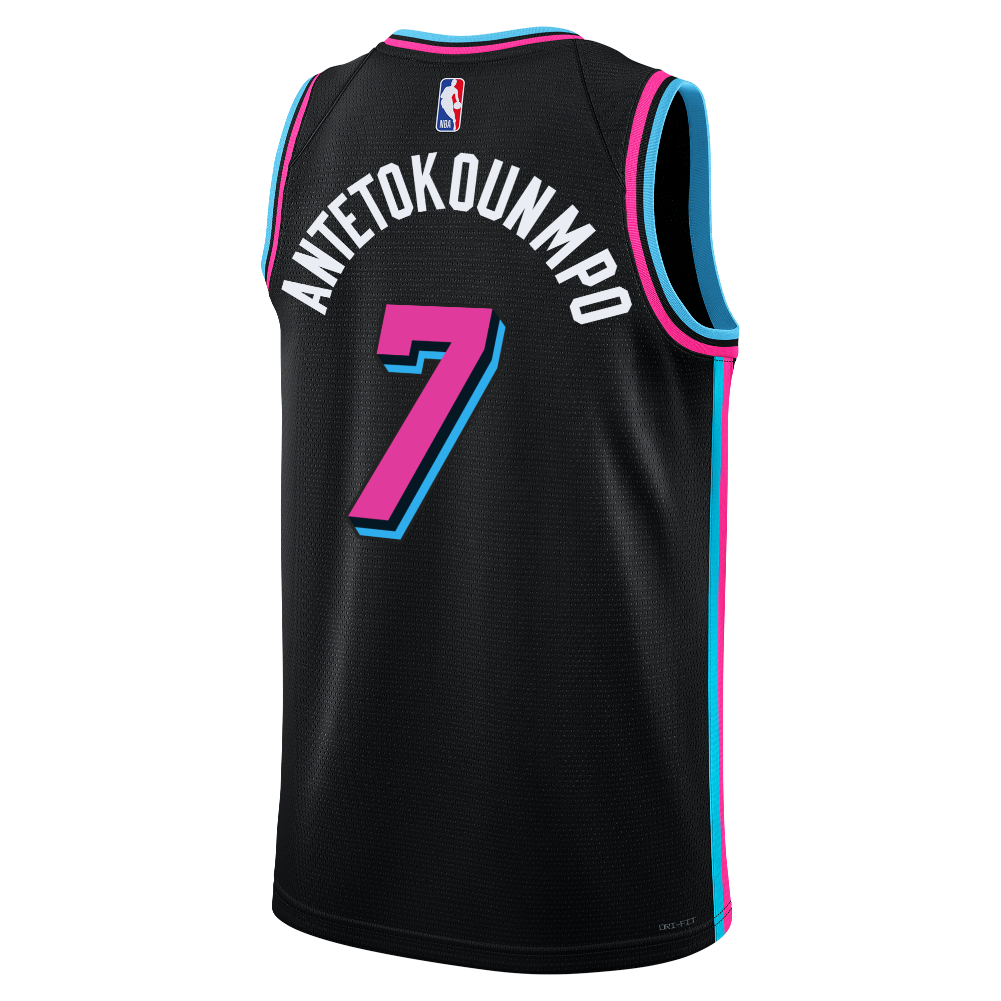 The Nike Giannis Antetokounmpo Original Vice Nights Swingman Jersey is black with pink and blue accents, 100% polyester, features Antetokounmpo and number 7 on the back, NBA logo at the top. Pre-order item.