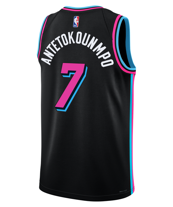 The Giannis Antetokounmpo Nike Original Vice Nights Youth Swingman Jersey features Miami-inspired black with pink/blue trim, #7, pink Miami script, and Nike branding. Made from Dri-FIT polyester for cool comfort on or off the court.