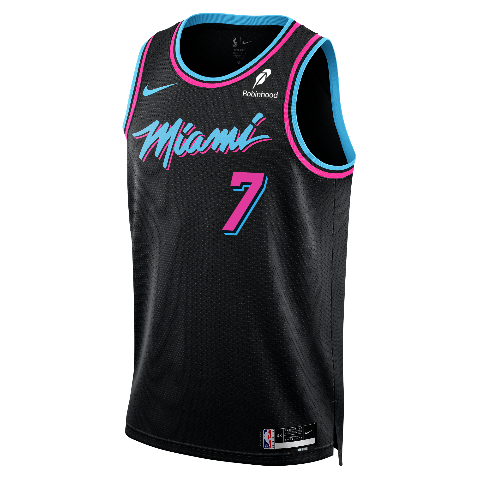 The Giannis Antetokounmpo Nike Original Vice Nights Youth Swingman Jersey features Miami-inspired black with pink/blue trim, #7, pink Miami script, and Nike branding. Made from Dri-FIT polyester for cool comfort on or off the court.