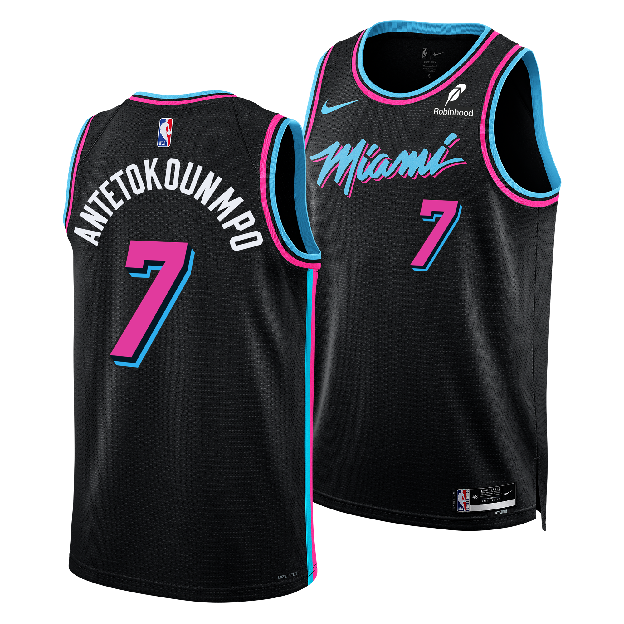 The Nike Giannis Antetokounmpo Original Vice Nights Youth Swingman Jersey features black polyester with Dri-FIT, pink and blue accents, “Miami” and #7 front, “Antetokounmpo” and #7 back.