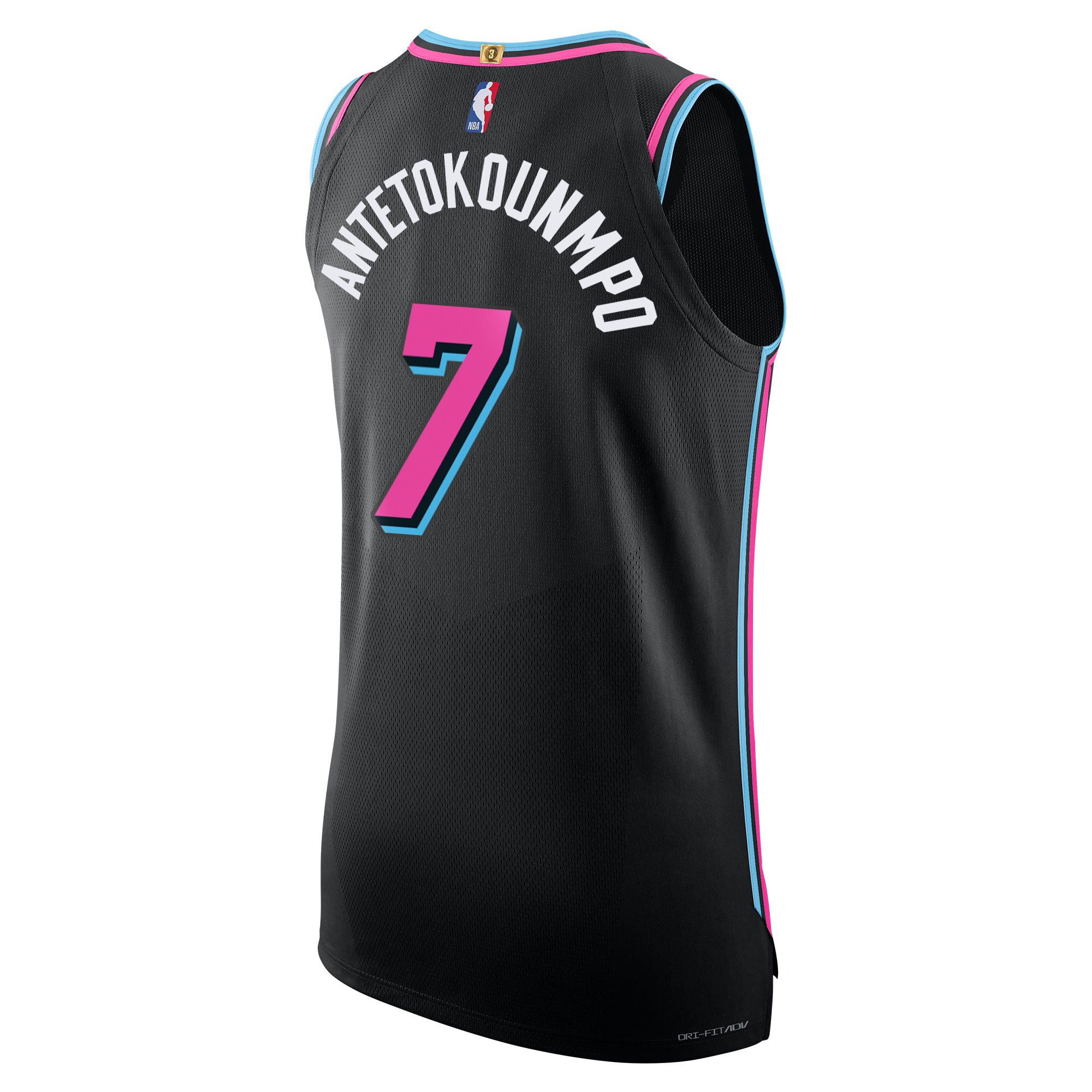 The Giannis Antetokounmpo Nike Original Vice Nights Authentic Jersey by Nike features ANTETOKOUNMPO and the number 7 in bold white and pink lettering on a black background, highlighted with blue and pink trim around the armholes and neck. Crafted from a striped knit jersey with stitched-down twill details for an authentic game day look, this pro staple is shown from the back against a plain white backdrop.