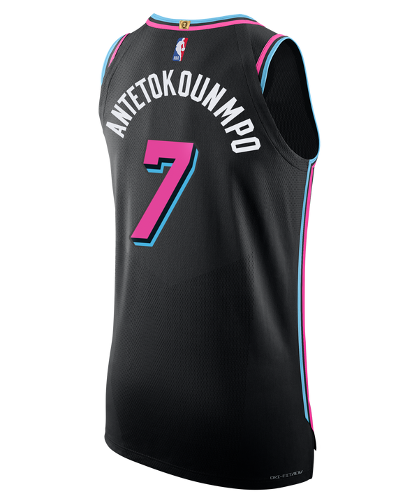 Introducing the Giannis Antetokounmpo Nike Original Vice Nights Authentic Jersey: a black Miami basketball jersey featuring vibrant blue and pink accents, “Miami” scripted across the chest, the number 7, official NBA and Nike logos, and a Robinhood sponsor logo on the right shoulder. This pro game day edition by Nike showcases stitched-down twill lettering for an authentic look from every angle.