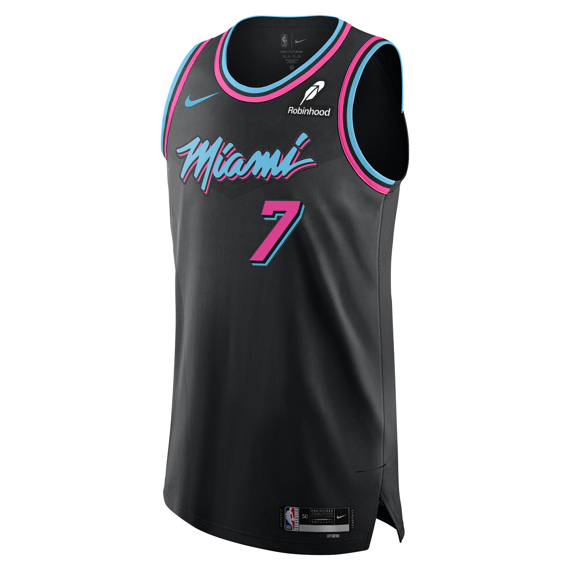 Introducing the Giannis Antetokounmpo Nike Original Vice Nights Authentic Jersey: a black Miami basketball jersey featuring vibrant blue and pink accents, “Miami” scripted across the chest, the number 7, official NBA and Nike logos, and a Robinhood sponsor logo on the right shoulder. This pro game day edition by Nike showcases stitched-down twill lettering for an authentic look from every angle.