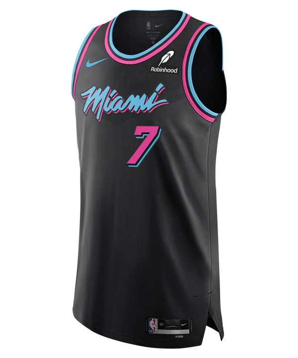 Introducing the Giannis Antetokounmpo Nike Original Vice Nights Authentic Jersey: a black Miami basketball jersey featuring vibrant blue and pink accents, “Miami” scripted across the chest, the number 7, official NBA and Nike logos, and a Robinhood sponsor logo on the right shoulder. This pro game day edition by Nike showcases stitched-down twill lettering for an authentic look from every angle.