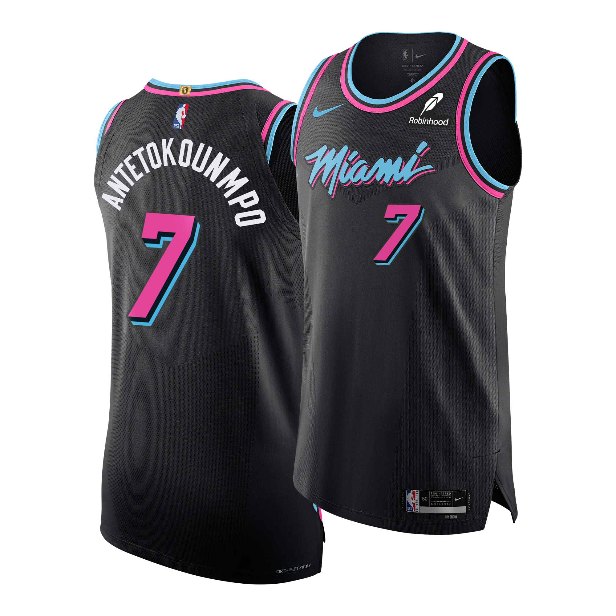 Front and back view of the Nike Giannis Antetokounmpo Original Vice Nights Authentic Jersey in black, featuring neon pink and blue trim, player number 7, “Miami” on the front, and “Antetokounmpo” on the back. This striped knit jersey showcases stitched-down twill lettering along with visible Nike and Robinhood logos.