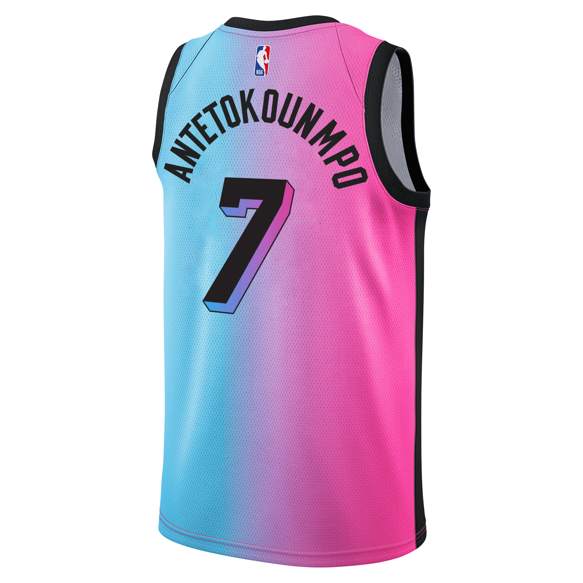 The Nike Giannis Antetokounmpo ViceVersa Swingman Jersey features Antetokounmpo’s name and the number 7 on the back, a striking gradient pink and blue design, an NBA logo at the top, and is made from standard fit polyester. For best care, wash inside out and air dry.