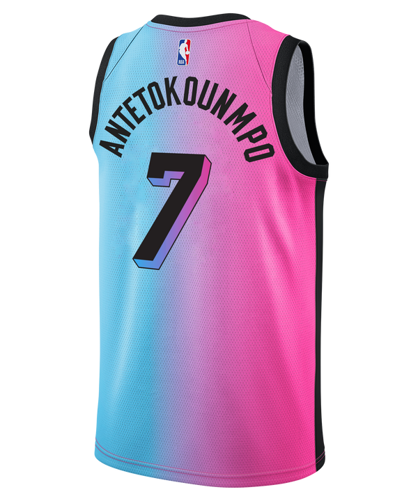 The Giannis Antetokounmpo Nike ViceVersa Swingman Jersey by Nike features a vibrant pink-to-blue gradient design with black trim, plus both the Nike and Robinhood logos on the chest. Made from comfortable and durable polyester standard fit fabric, this Miami Heat basketball jersey (number 7) should be washed inside out and air dried to maintain its bold colors.