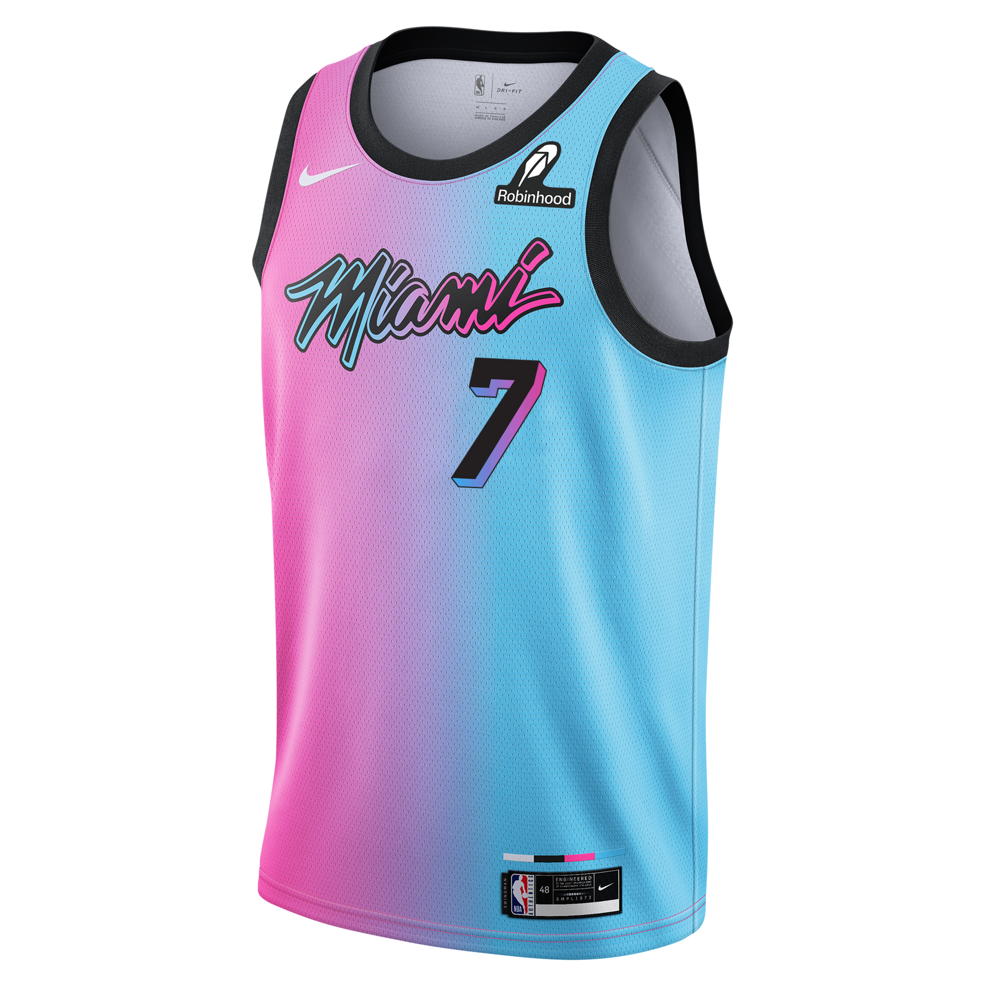 The Giannis Antetokounmpo Nike ViceVersa Swingman Jersey by Nike features a vibrant pink-to-blue gradient design with black trim, plus both the Nike and Robinhood logos on the chest. Made from comfortable and durable polyester standard fit fabric, this Miami Heat basketball jersey (number 7) should be washed inside out and air dried to maintain its bold colors.