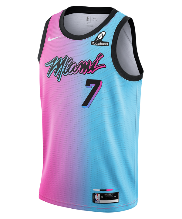 The Giannis Antetokounmpo Nike ViceVersa Swingman Jersey by Nike features a vibrant pink-to-blue gradient design with black trim, plus both the Nike and Robinhood logos on the chest. Made from comfortable and durable polyester standard fit fabric, this Miami Heat basketball jersey (number 7) should be washed inside out and air dried to maintain its bold colors.