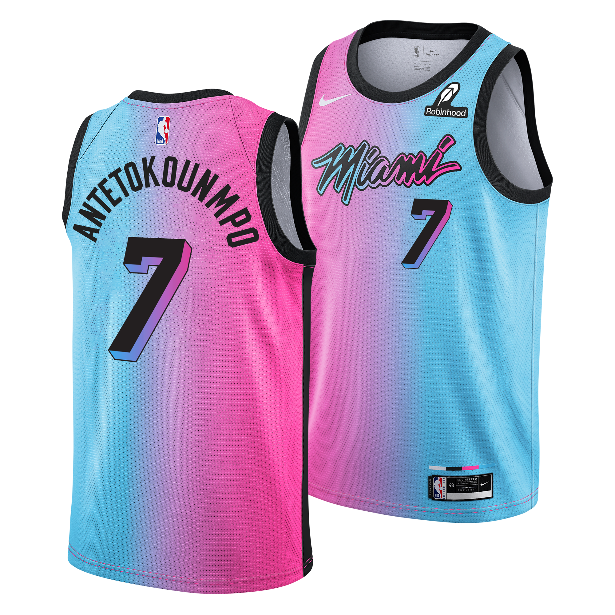 Two Giannis Antetokounmpo Nike ViceVersa Swingman Jerseys, featuring the Miami Heat’s signature pink to blue gradient with black trim, number 7 on the front, and ANTETOKOUNMPO on the back. The front showcases both Nike and Robinhood logos, capturing the classic Miami Vice color theme in a stylish design. Crafted by Nike in a standard-fit polyester for comfort; wash inside out and air dry to preserve its vibrant look.