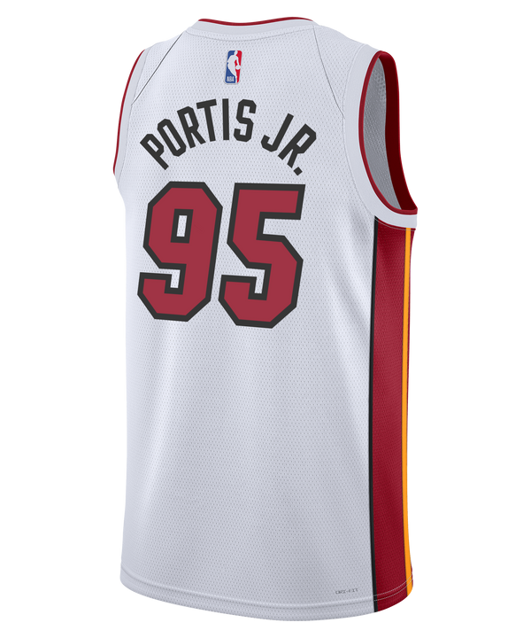 The Bobby Portis Jr. Nike Miami HEAT Association White Youth Swingman Jersey features red and yellow accents, Dri-FIT technology, number 95 in red, HEAT on the front, plus Nike and Robinhood logos for authentic team style.