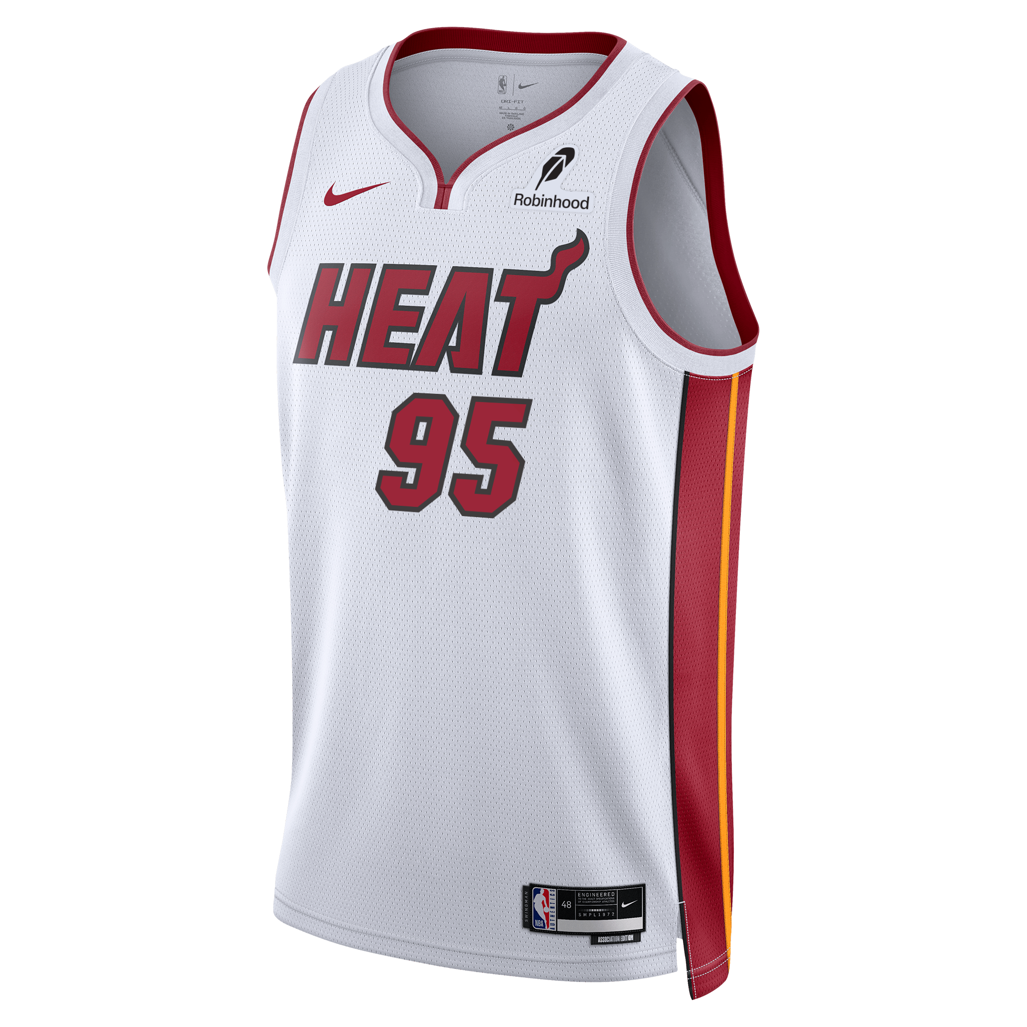 The Bobby Portis Jr. Nike Miami HEAT Association White Youth Swingman Jersey features red and yellow accents, Dri-FIT technology, number 95 in red, HEAT on the front, plus Nike and Robinhood logos for authentic team style.