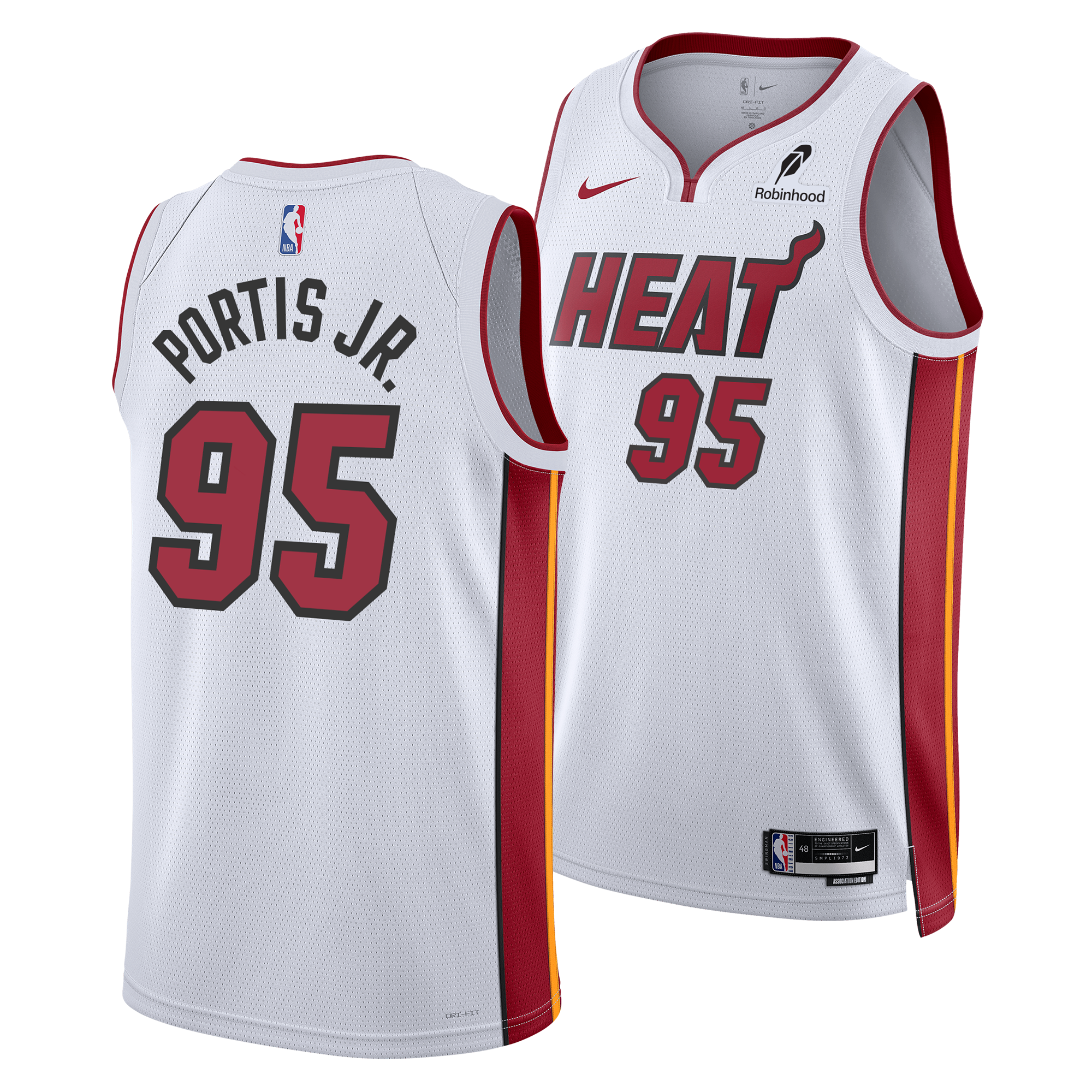 Front and back view of the Nike Miami HEAT Association White Youth Swingman Jersey, featuring Bobby Portis Jr.'s name, number 95 on both sides, red and yellow side stripes, team details, and moisture-wicking Dri-FIT technology.