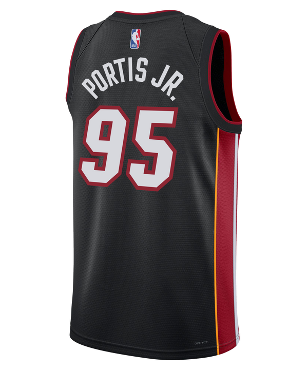 The Bobby Portis Jr. Nike Miami HEAT Icon Black Youth Swingman Jersey features red trim, the number 95 in white and red twill, Nike and Robinhood logos, Dri-FIT tech, plus yellow and red side stripes.