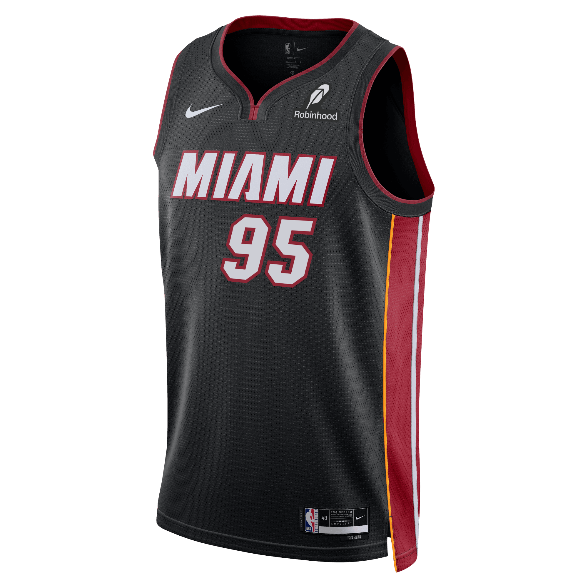 The Bobby Portis Jr. Nike Miami HEAT Icon Black Youth Swingman Jersey features red trim, the number 95 in white and red twill, Nike and Robinhood logos, Dri-FIT tech, plus yellow and red side stripes.