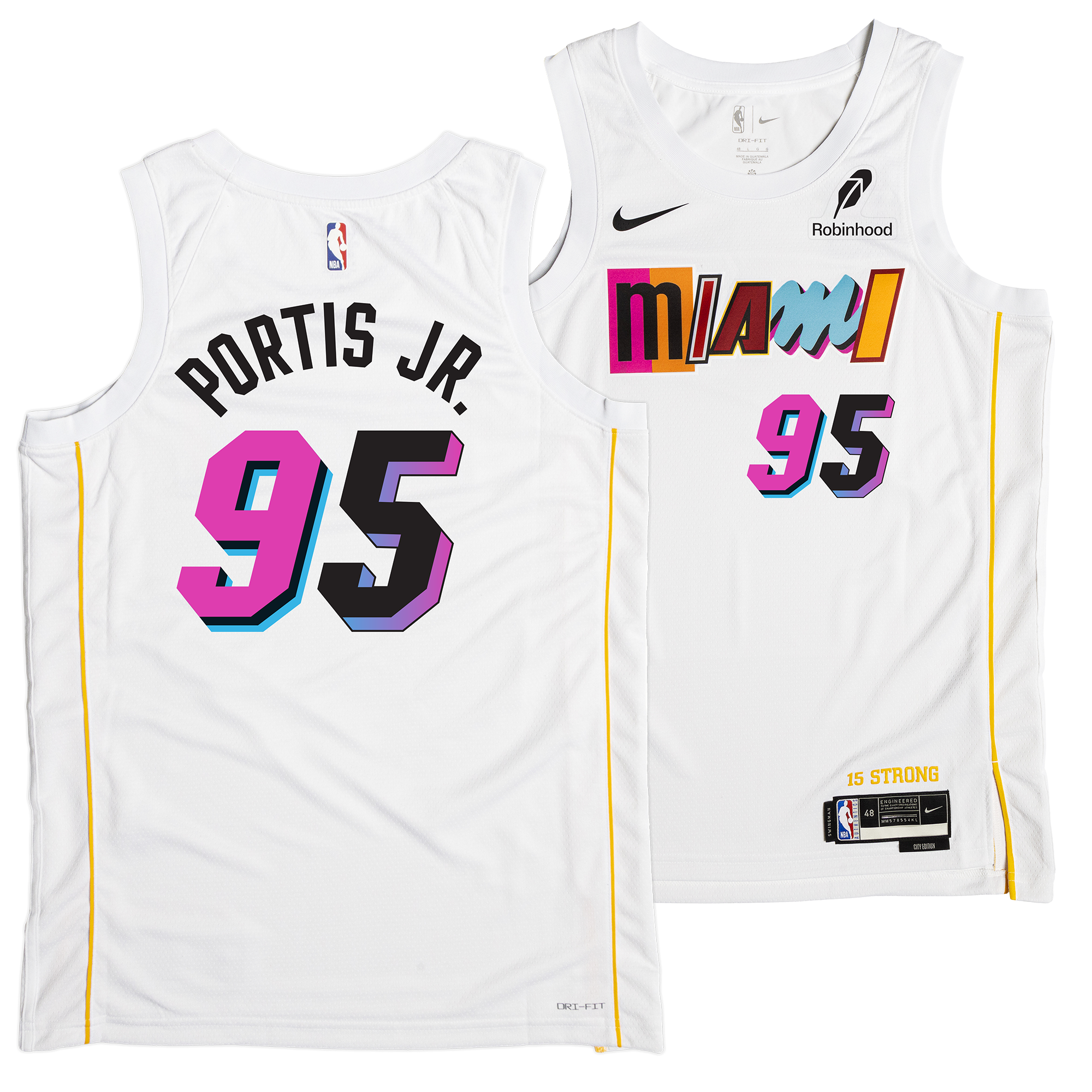 The Bobby Portis Jr. Nike Miami Mashup Vol. 2 Swingman Jersey features white Dri-FIT fabric, 
