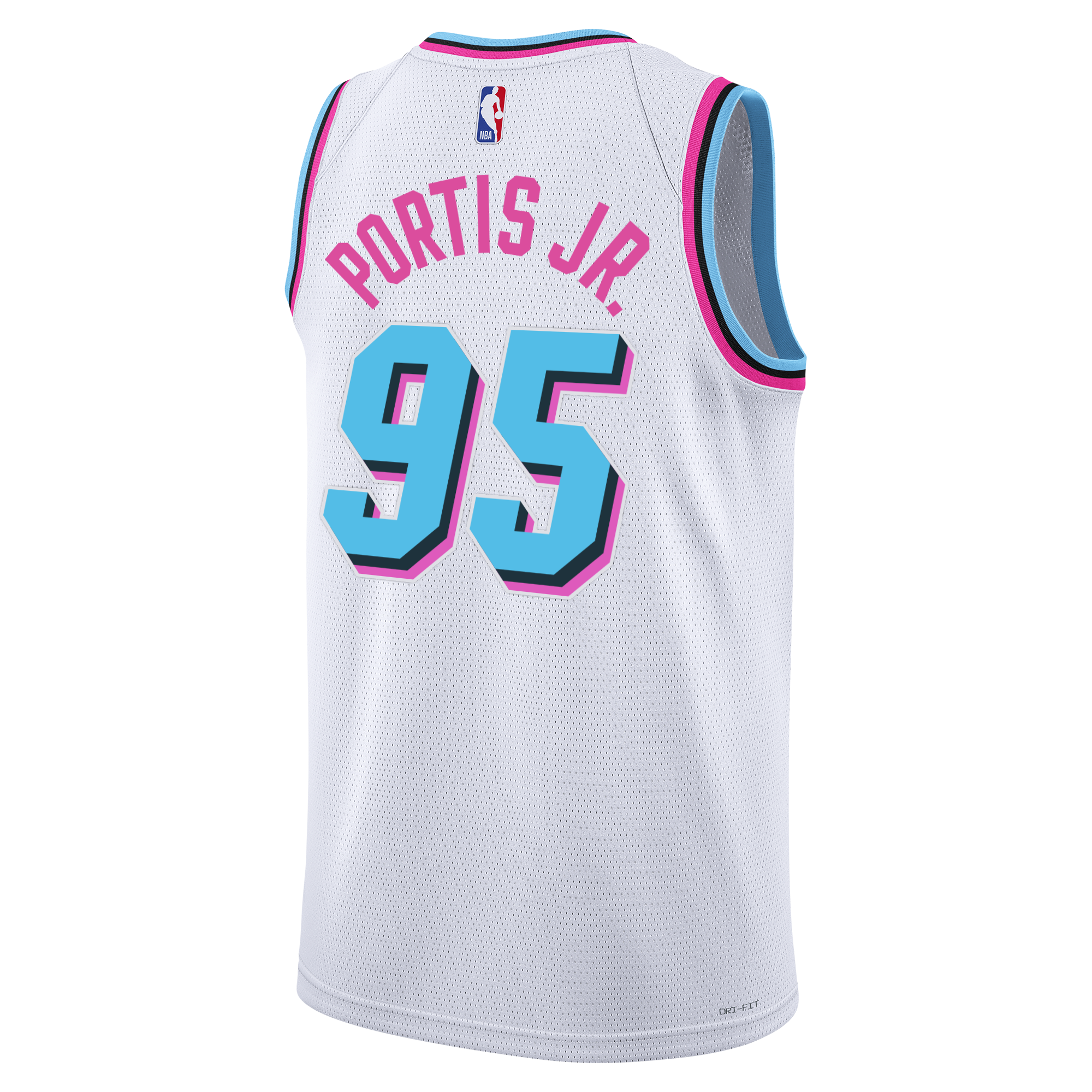 The Nike Bobby Portis Jr. Original Vice Swingman Jersey features a white City Edition design with light blue, pink, and black trim, and 
