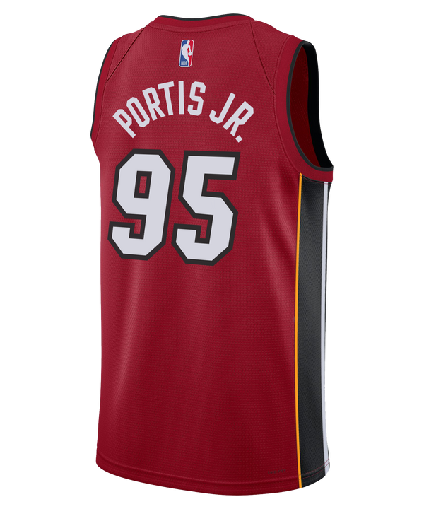 The Bobby Portis Jr. Nike Miami HEAT Statement Red Swingman Jersey features number 95 in white, gray side panels, black collar and arm trim, Dri-FIT tech for comfort, plus sponsor and Jordan logos on the chest.
