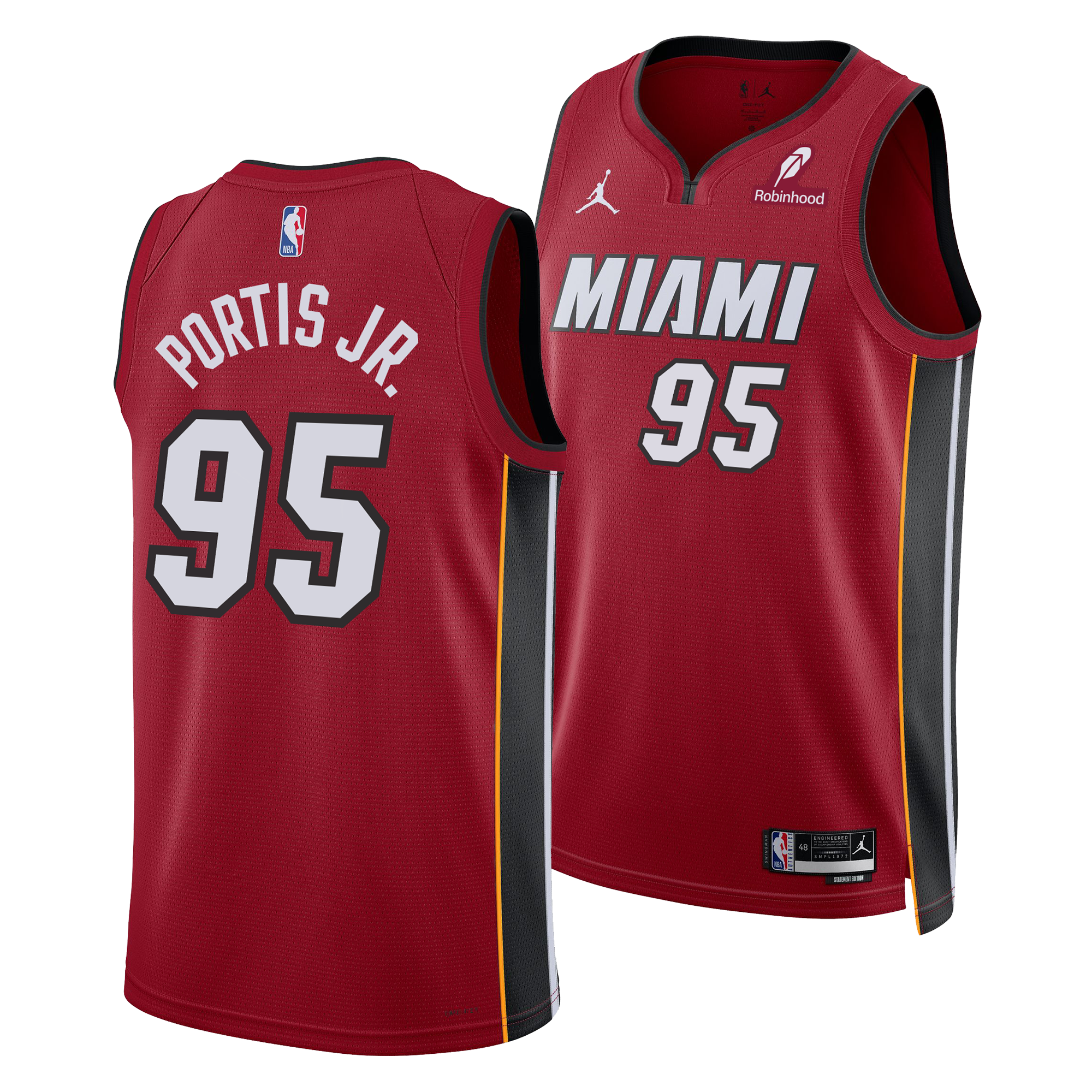 The Nike Bobby Portis Jr. Miami HEAT Statement Red Swingman Jersey features Dri-FIT tech, black and yellow side panels, 