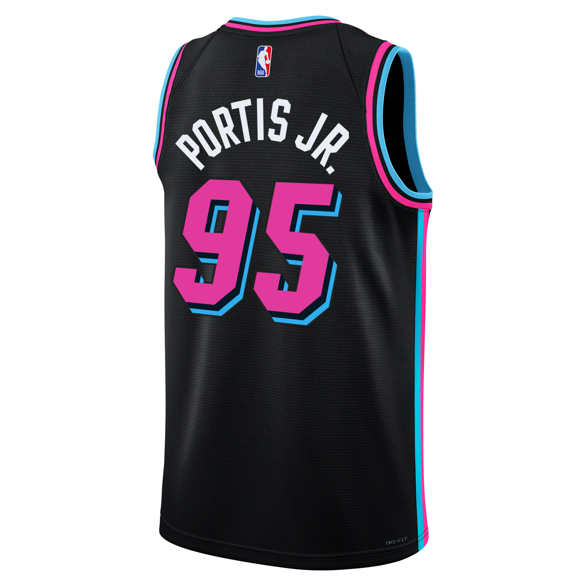 Pre-order the Nike Bobby Portis Jr. Original Vice Nights Swingman Jersey, featuring black 100% polyester with neon pink/blue trim, PORTIS JR. and #95 in bold outline, plus NBA logo at the top.