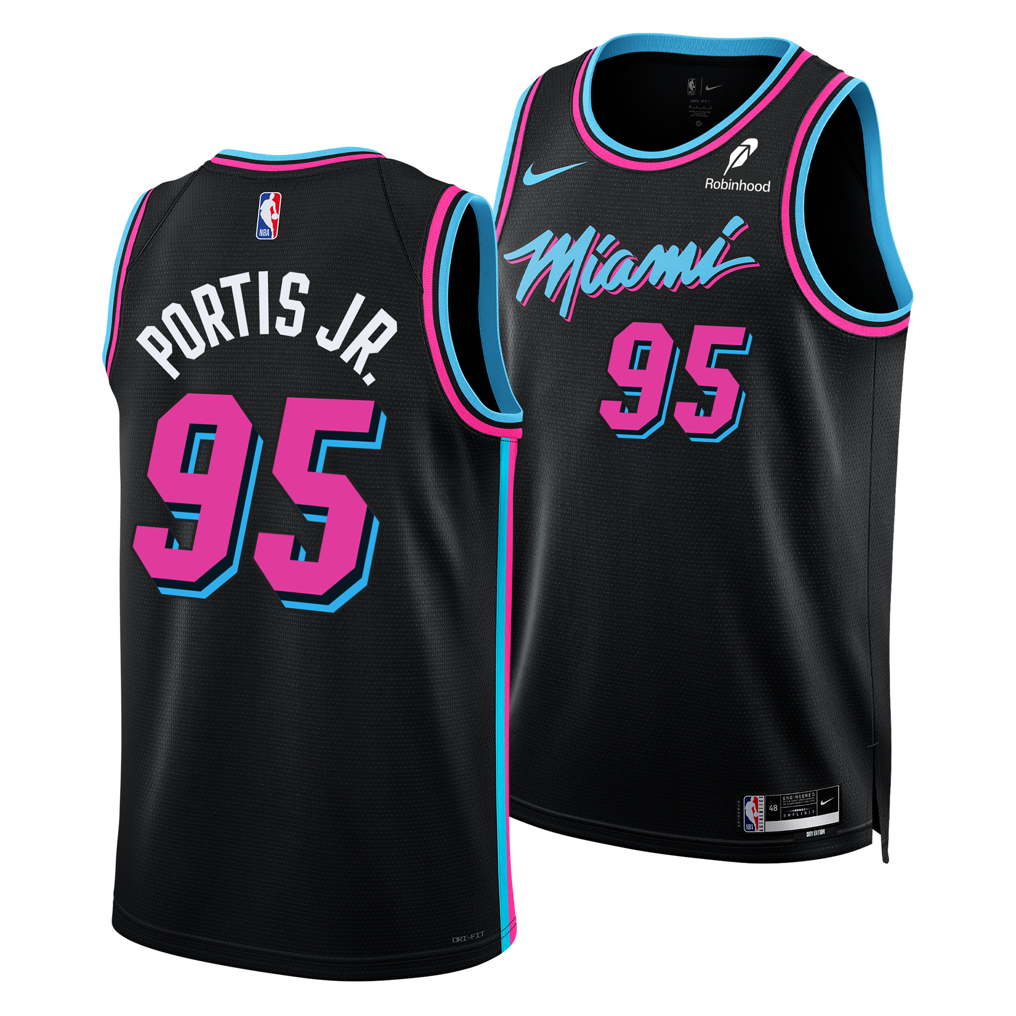 Two black Nike Bobby Portis Jr. Original Vice Nights Swingman jerseys, each with pink and blue trim and number 95, featuring Miami and number 95 on the front, Robinhood and Nike logos. Made from 100% polyester. Pre-order item.