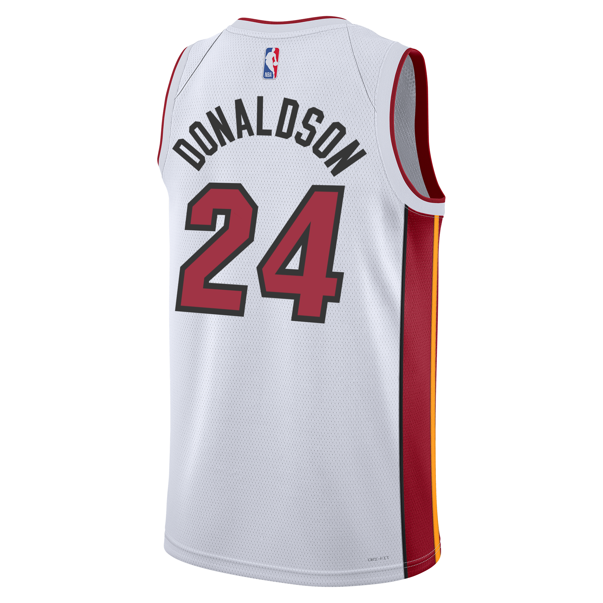 Back view of the Tre Donaldson Nike Miami HEAT Association White Youth Swingman Jersey, featuring red side panels and showcasing 
