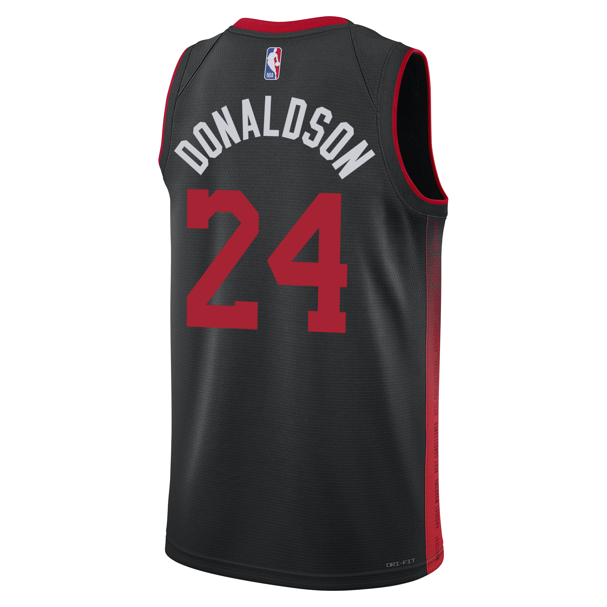 Back view of the Nike Tre Donaldson HEAT Culture Swingman Jersey in black with red trim, featuring 