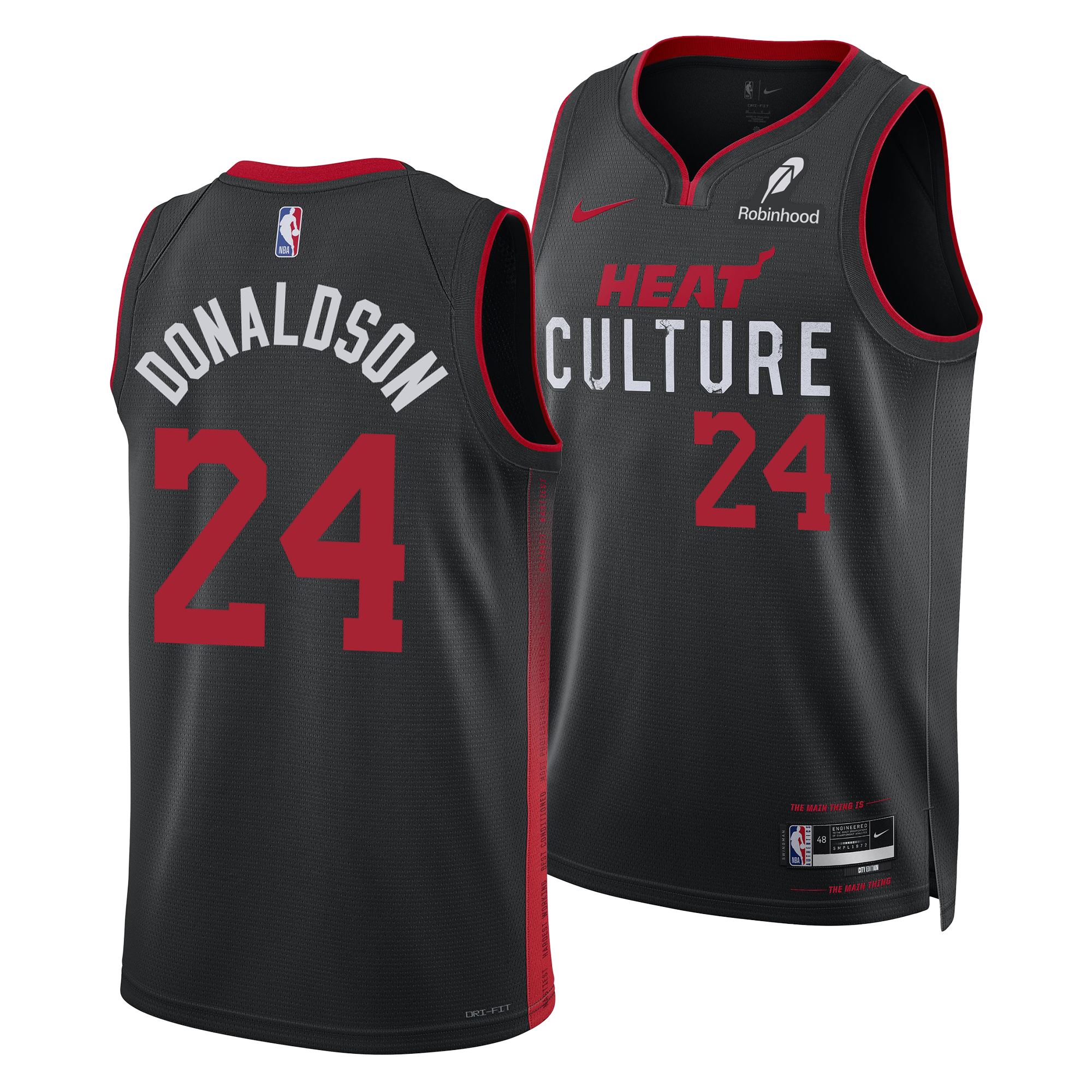 Front and back view of the Tre Donaldson Nike HEAT Culture Swingman Jersey in black, featuring bold red lettering. The Miami HEAT City Edition uniform displays 