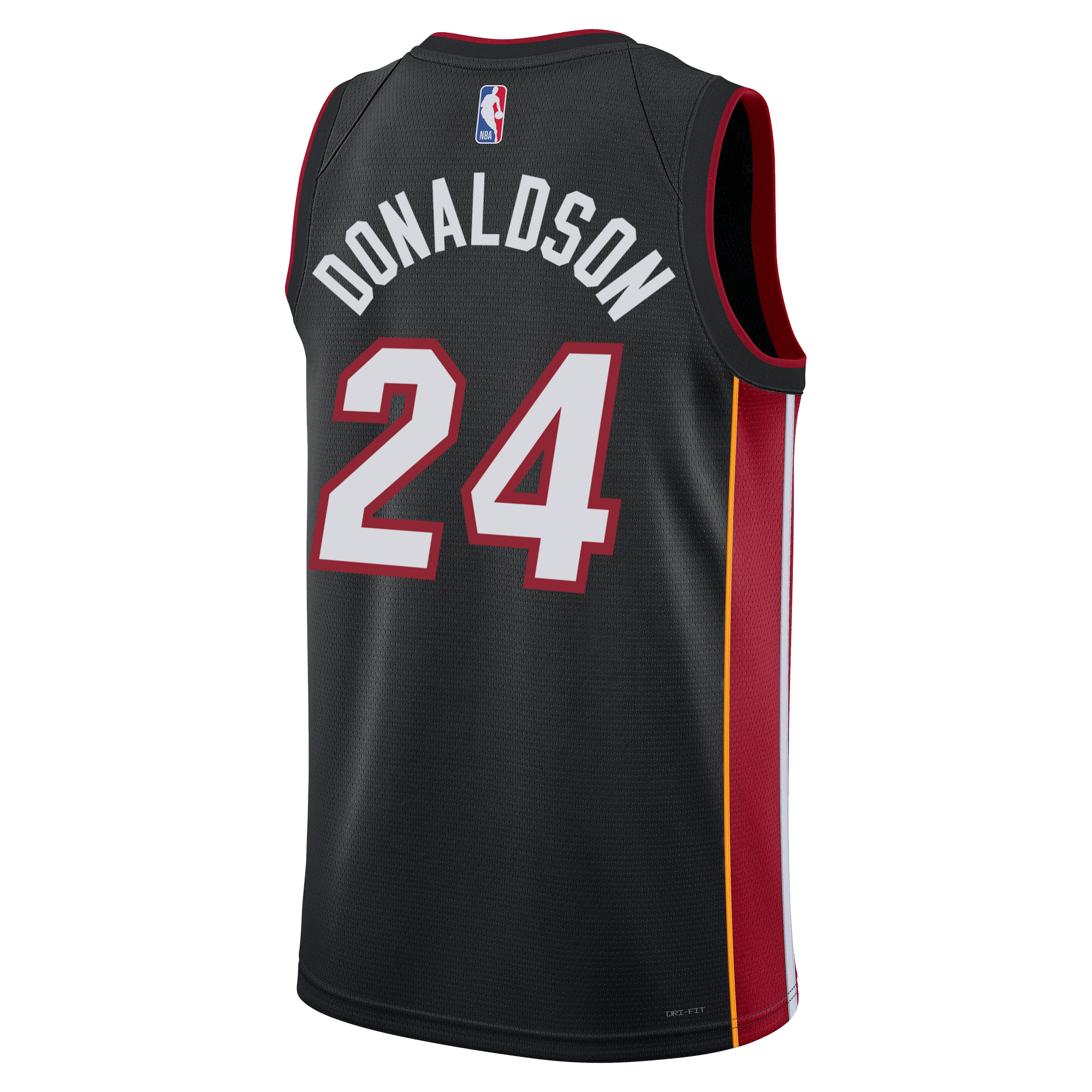 The Nike Miami HEAT Icon Black Youth Swingman Jersey for Tre Donaldson features bold red and yellow side stripes, the NBA logo, DONALDSON’s name, and the number 24 on the back. Designed with signature Dri-FIT moisture-wicking technology by Nike, this jersey keeps you comfortable both on and off the court.