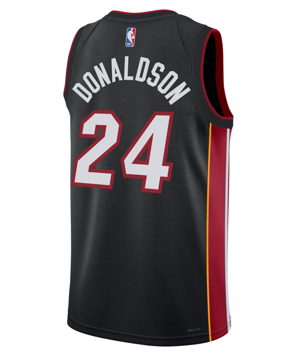 A black Tre Donaldson Nike Miami HEAT Icon Youth Swingman Jersey featuring red and white accents, the number 24, and 