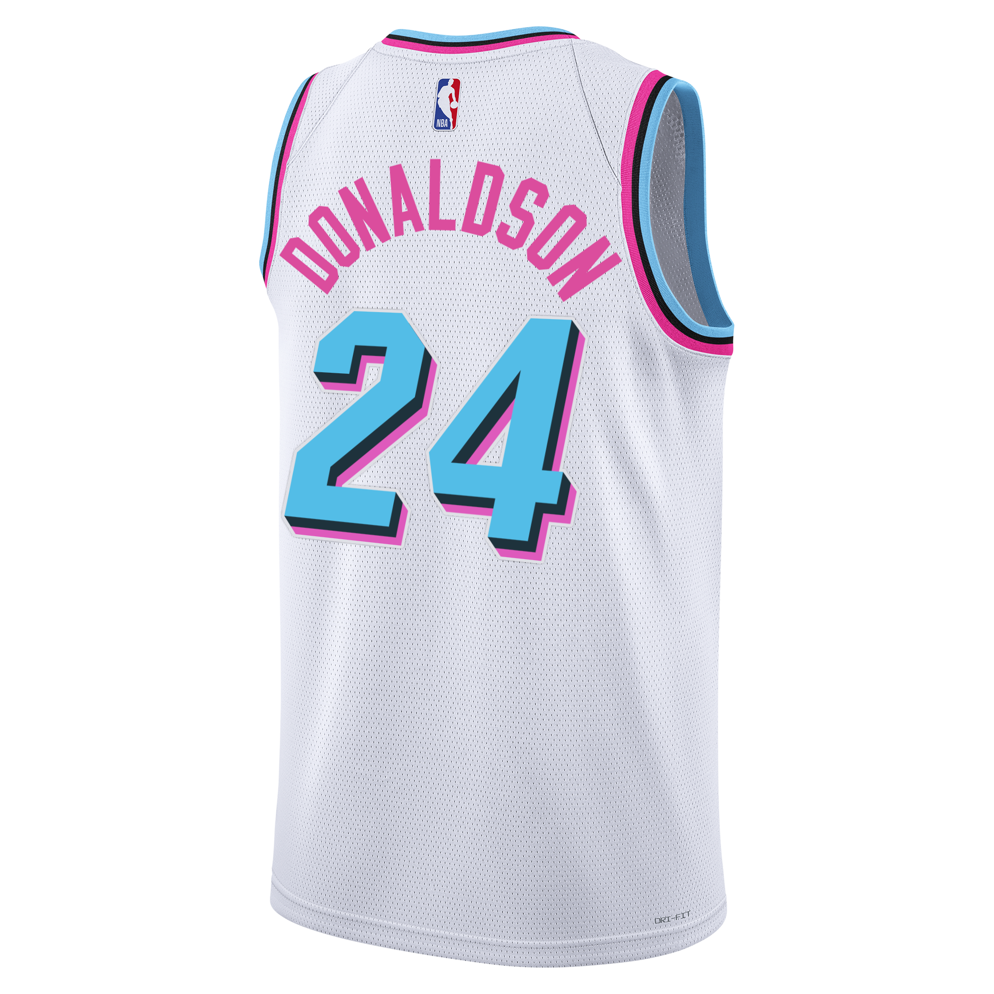 The Tre Donaldson Nike Original Vice Swingman Jersey features a white base with turquoise and pink trim, displaying 