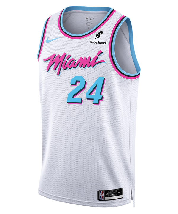 Introducing the Tre Donaldson Nike Original Vice Youth Swingman Jersey by Nike—a white Miami basketball jersey inspired by the City Edition uniform. This jersey features bold pink 
