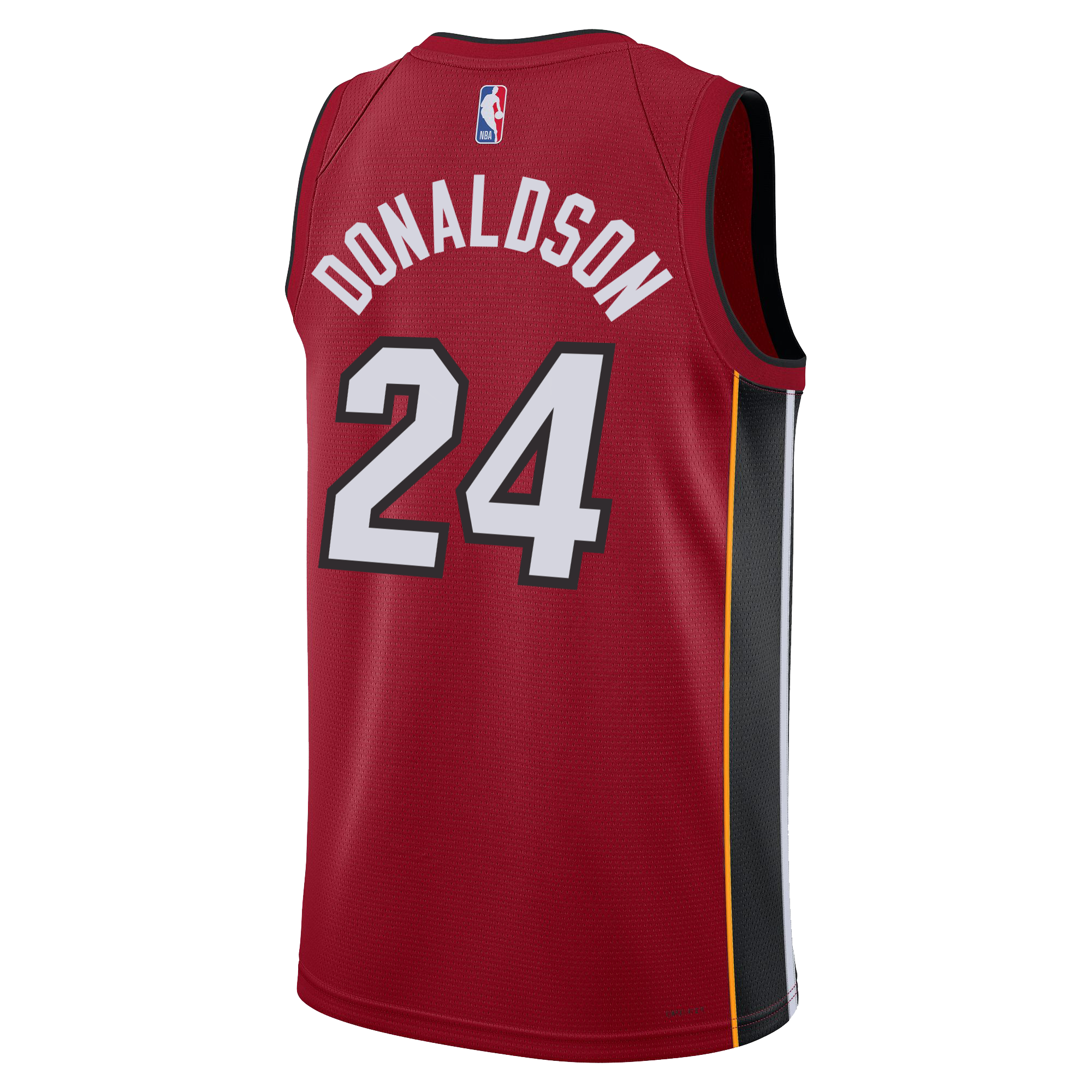 Show your Miami HEAT pride with the Tre Donaldson Nike Jordan Brand Miami HEAT Statement Red Swingman Jersey. Featuring DONALDSON and the number 24 in white and gray on the back, this red basketball top is crafted by Nike with advanced moisture-wicking Dri-FIT technology to keep you cool and comfortable on the court. The jersey is accented with black and gold side panels, while an NBA logo details the top center for an authentic look.