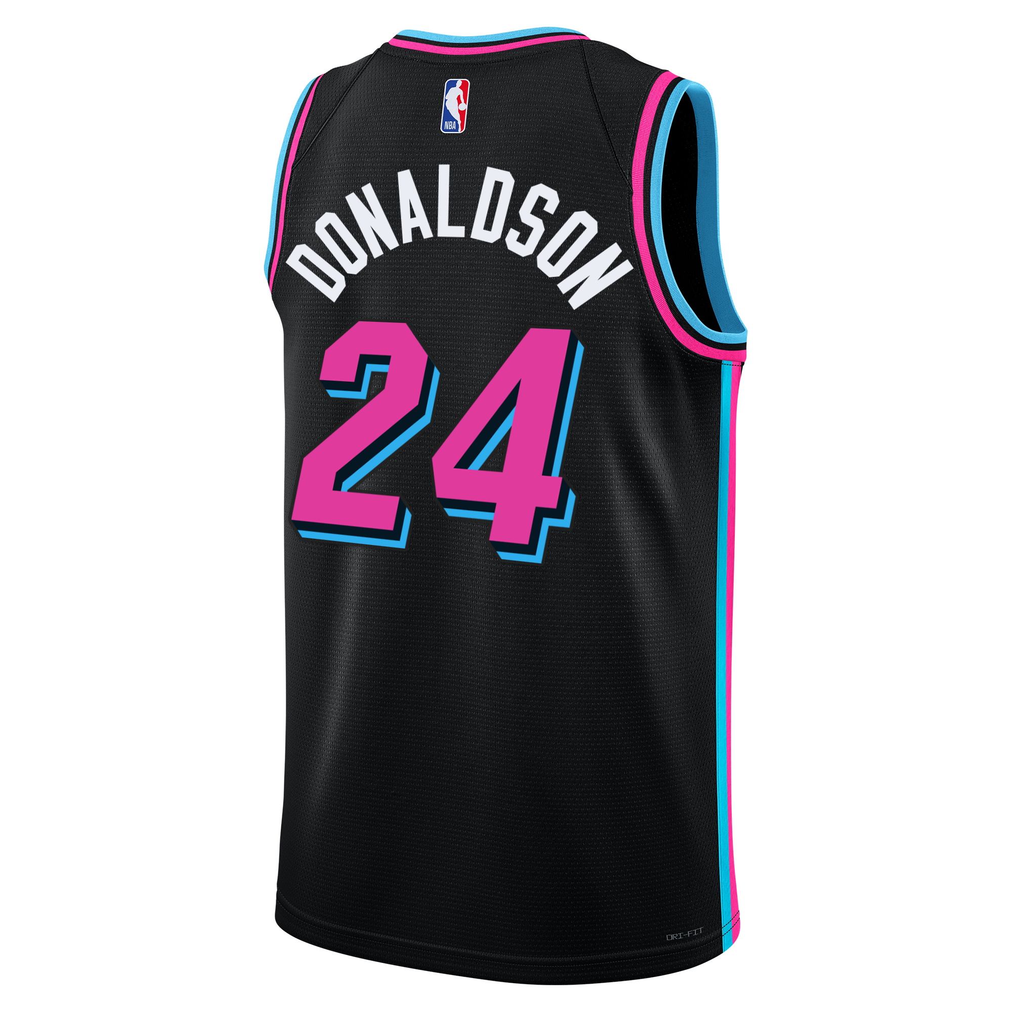 Back view of the Tre Donaldson Nike Original Vice Nights Swingman Jersey in black, accented with blue and pink trim and boldly displaying DONALDSON and the number 24 in vibrant pink with blue outlines. Made by Nike from high-quality polyester for lasting durability, this standard fit jersey also showcases the NBA logo at the upper back. For best results, air dry after washing.