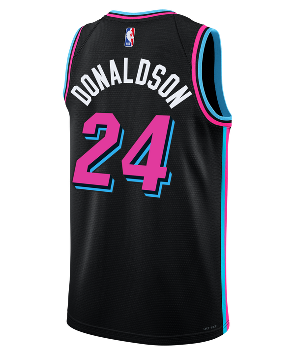 Introducing the Tre Donaldson Nike Original Vice Nights Youth Swingman Jersey by Nike—a black team jersey with striking blue and pink trim. 