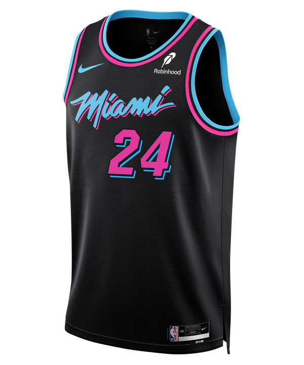 The Tre Donaldson Nike Original Vice Nights Swingman Jersey by Nike features a black design with pink and blue trim, the number 24 on the front, and “Miami” written in a stylized font. The jersey is accented with Nike and Robinhood logos, as well as an NBA patch at the hem. Crafted from high-quality polyester for comfort and durability, it offers a standard fit for easy movement. To preserve its vibrant colors and shape, air drying is recommended.