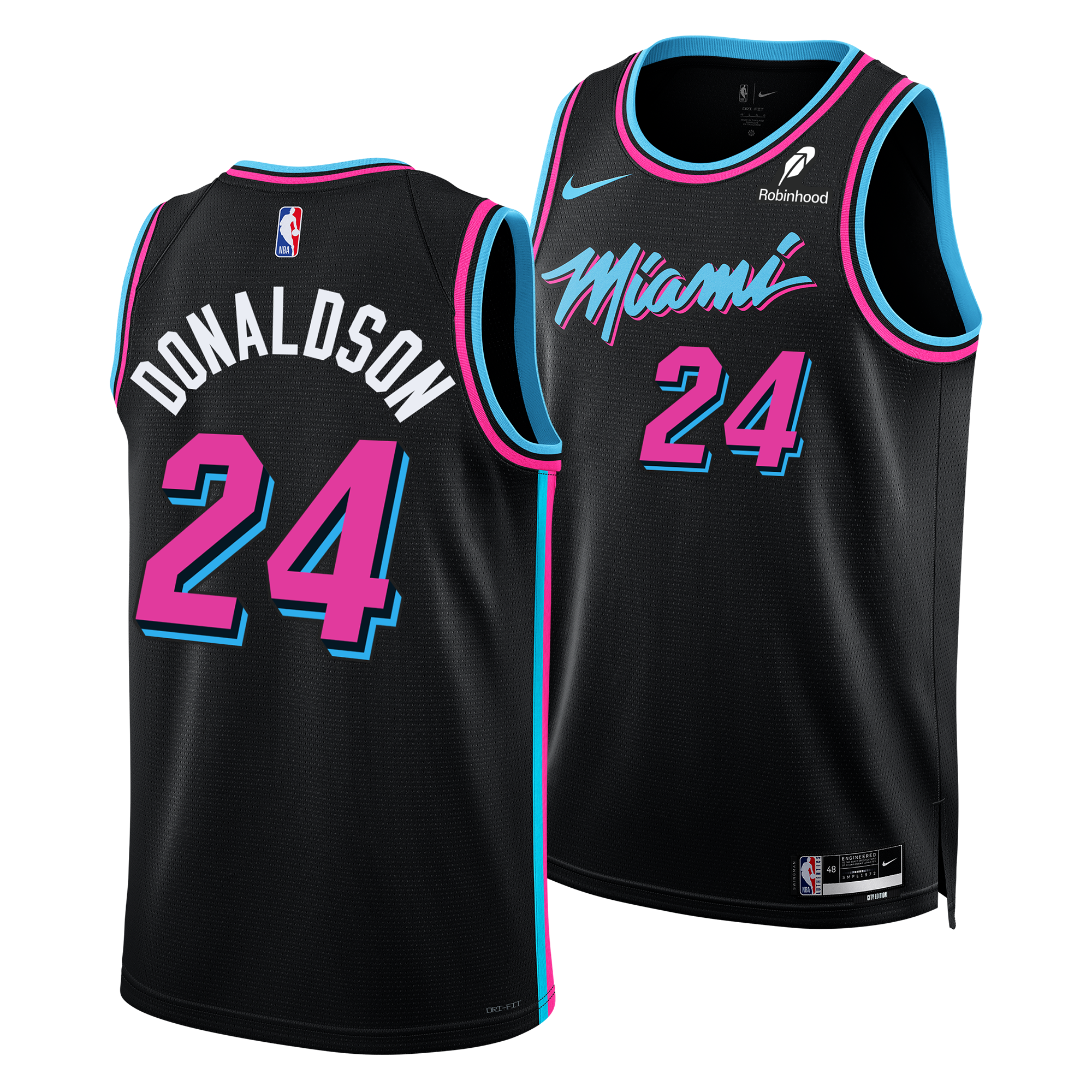 Showcasing two views, the Nike Tre Donaldson Original Vice Nights Youth Swingman Jersey comes in black with “Donaldson” and the number 24 highlighted in pink and blue. This basketball jersey features Miami’s logo along with Nike and Robinhood branding. Made with Dri-FIT technology, it provides moisture-wicking comfort on and off the court.
