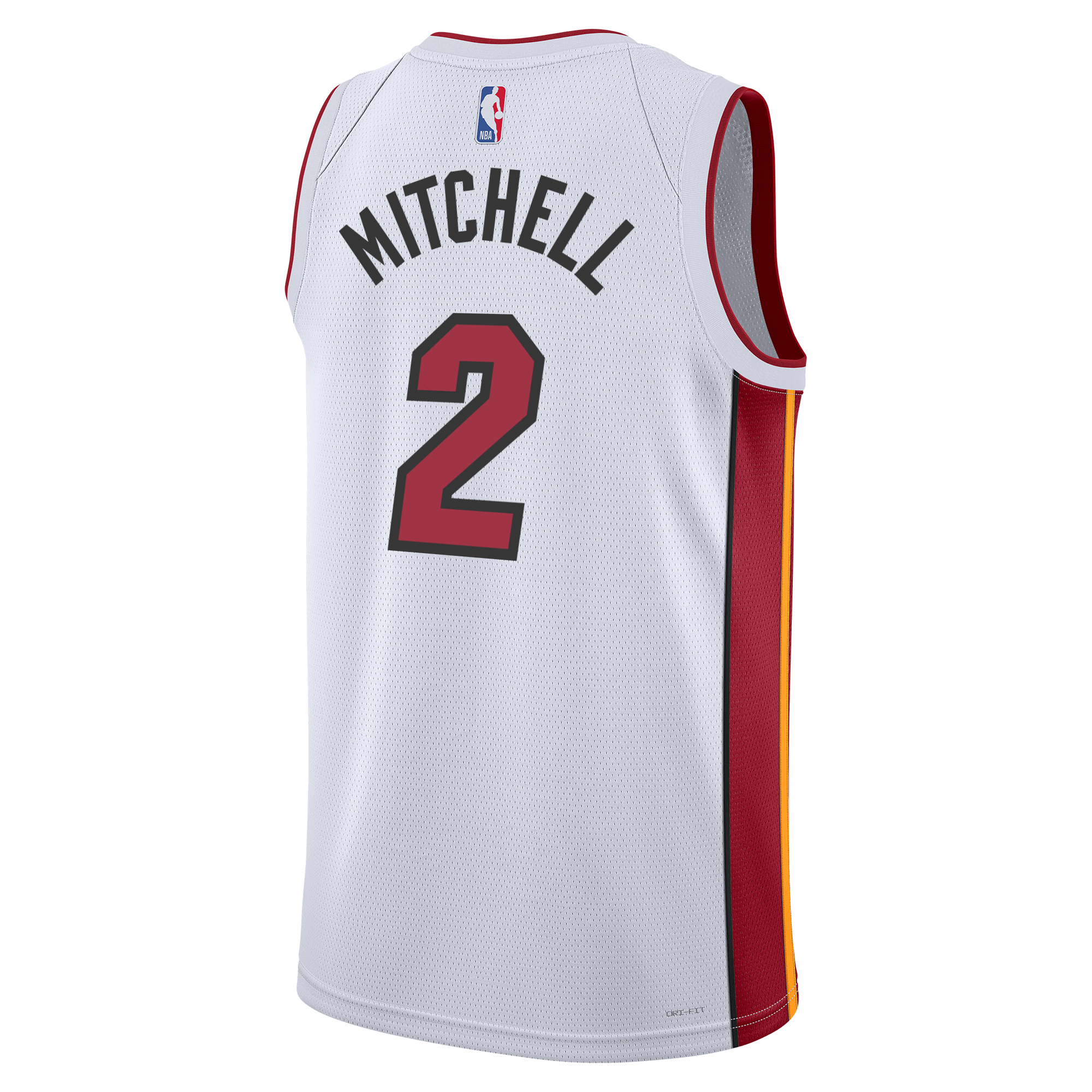 The back of the Nike Davion Mitchell Miami HEAT Association White Youth Swingman Jersey is shown, featuring red and yellow side panels, moisture-wicking Dri-FIT tech, MITCHELL and number 2 in black, plus the NBA logo at the top.