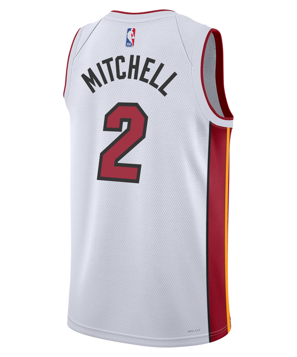 The Nike Davion Mitchell Miami HEAT Association Youth Swingman Jersey features a white design with red trim, bold “HEAT” and the number 2 on the front, NBA and sponsor logos, and Dri-FIT technology for comfort.