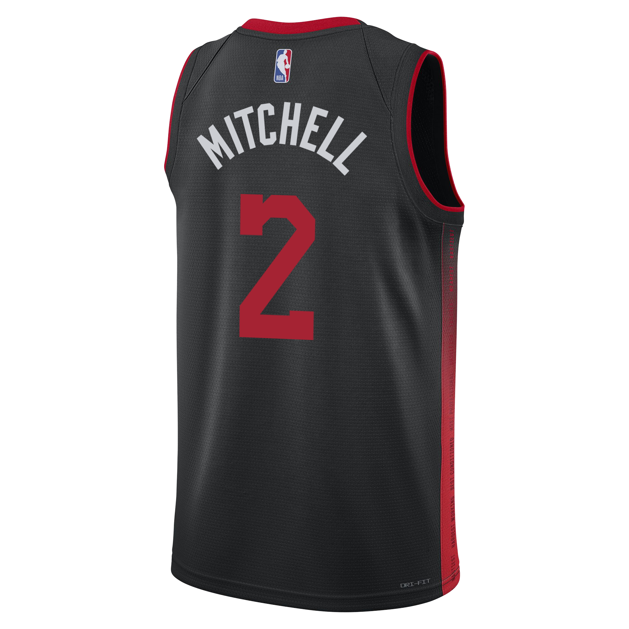 The Davion Mitchell Nike HEAT Culture Youth Swingman Jersey features a black 2023-24 Miami HEAT City Edition design with red side panels, MITCHELL in white above a bold red number 2, and the NBA logo at the top center.