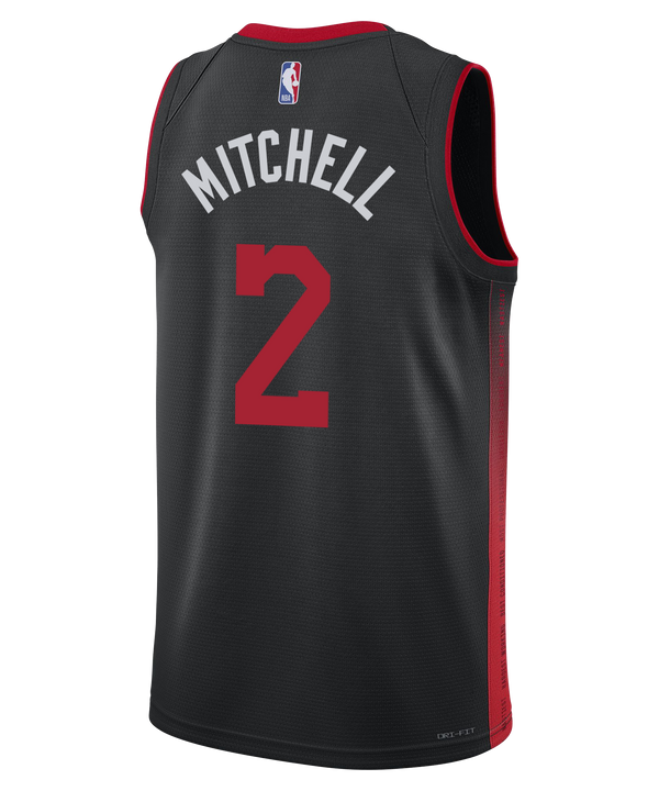 The Nike Davion Mitchell HEAT Culture Youth Swingman Jersey features a black 2023-24 City Edition design with red trim, “HEAT CULTURE” in gray/red, number 2 in red, plus sponsor and NBA logos—a standout Miami HEAT look.
