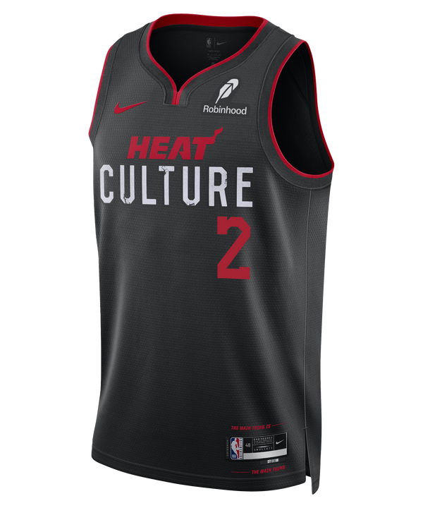 The Nike Davion Mitchell HEAT Culture Youth Swingman Jersey features a black 2023-24 City Edition design with red trim, “HEAT CULTURE” in gray/red, number 2 in red, plus sponsor and NBA logos—a standout Miami HEAT look.