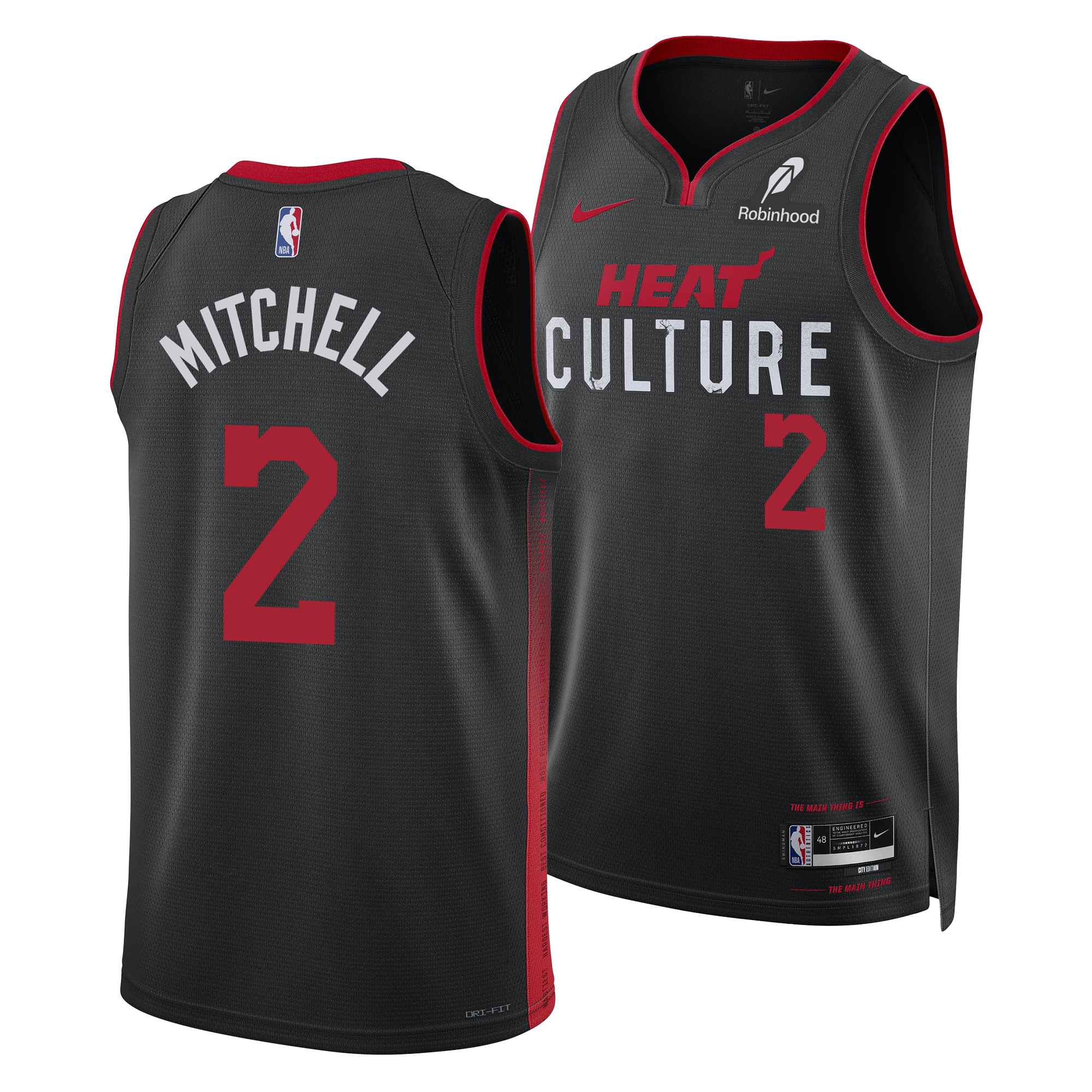 Two black Nike 2023-24 HEAT jerseys: one features MITCHELL and number 2, the other is the Davion Mitchell Nike HEAT Culture Youth Swingman Jersey with number 2 and a Robinhood City Edition logo.