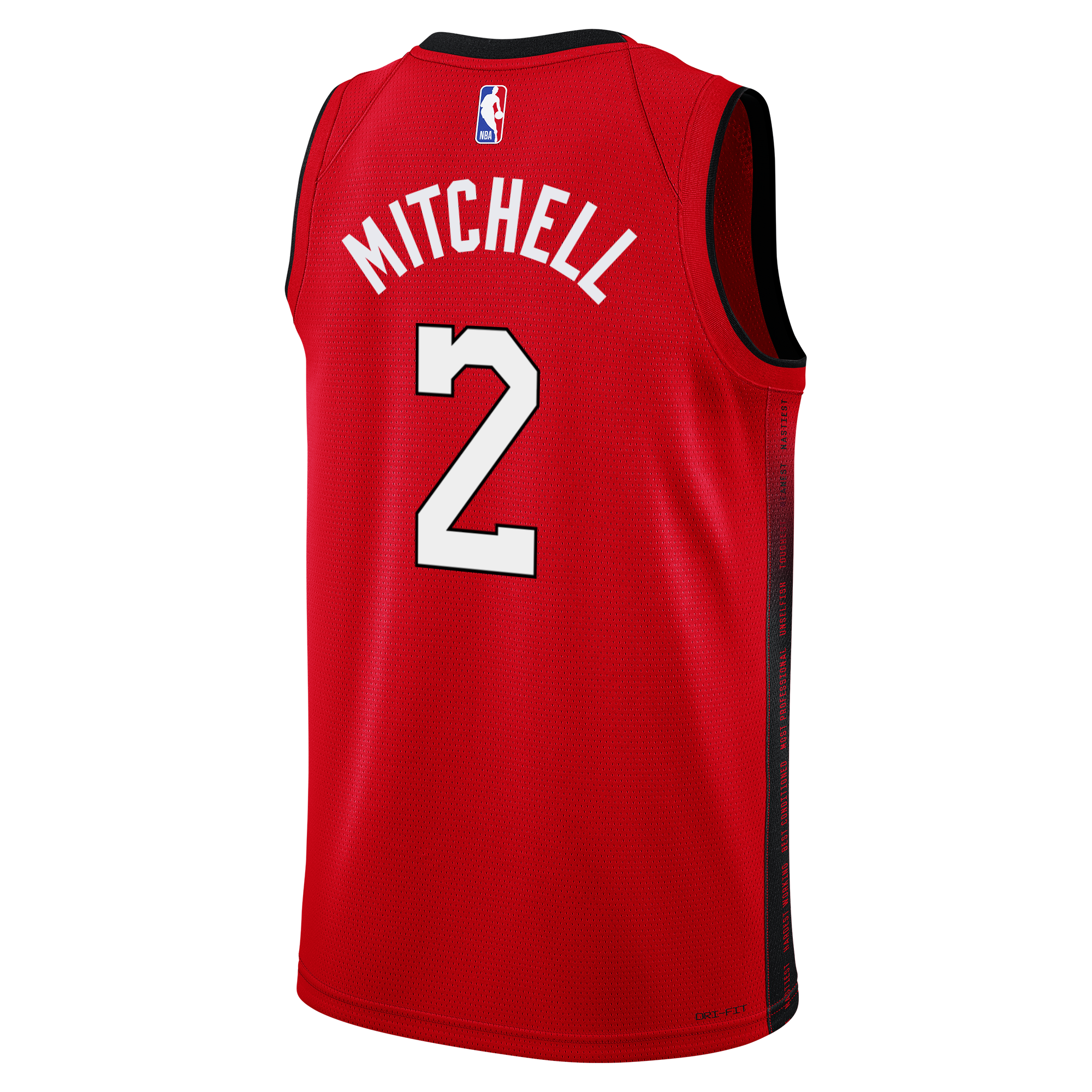 The Davion Mitchell Nike HEAT Culture: Blood Red Swingman Jersey features MITCHELL and number 2 in white with black trim, plus an NBA logo on the back—part of the Nike 2024-25 Miami HEAT Culture collection.
