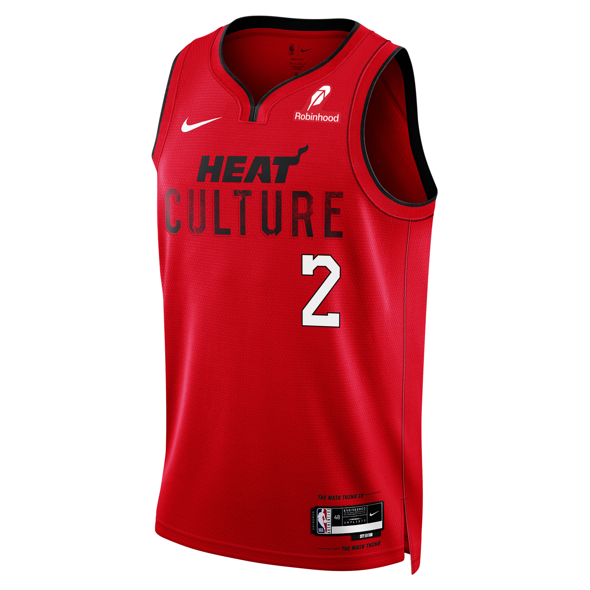 The Nike Davion Mitchell HEAT Culture: Blood Red Swingman Jersey features bold HEAT CULTURE text, a white number 2 with black trim, Robinhood sponsor, NBA branding at the hem, and classic Nike branding.