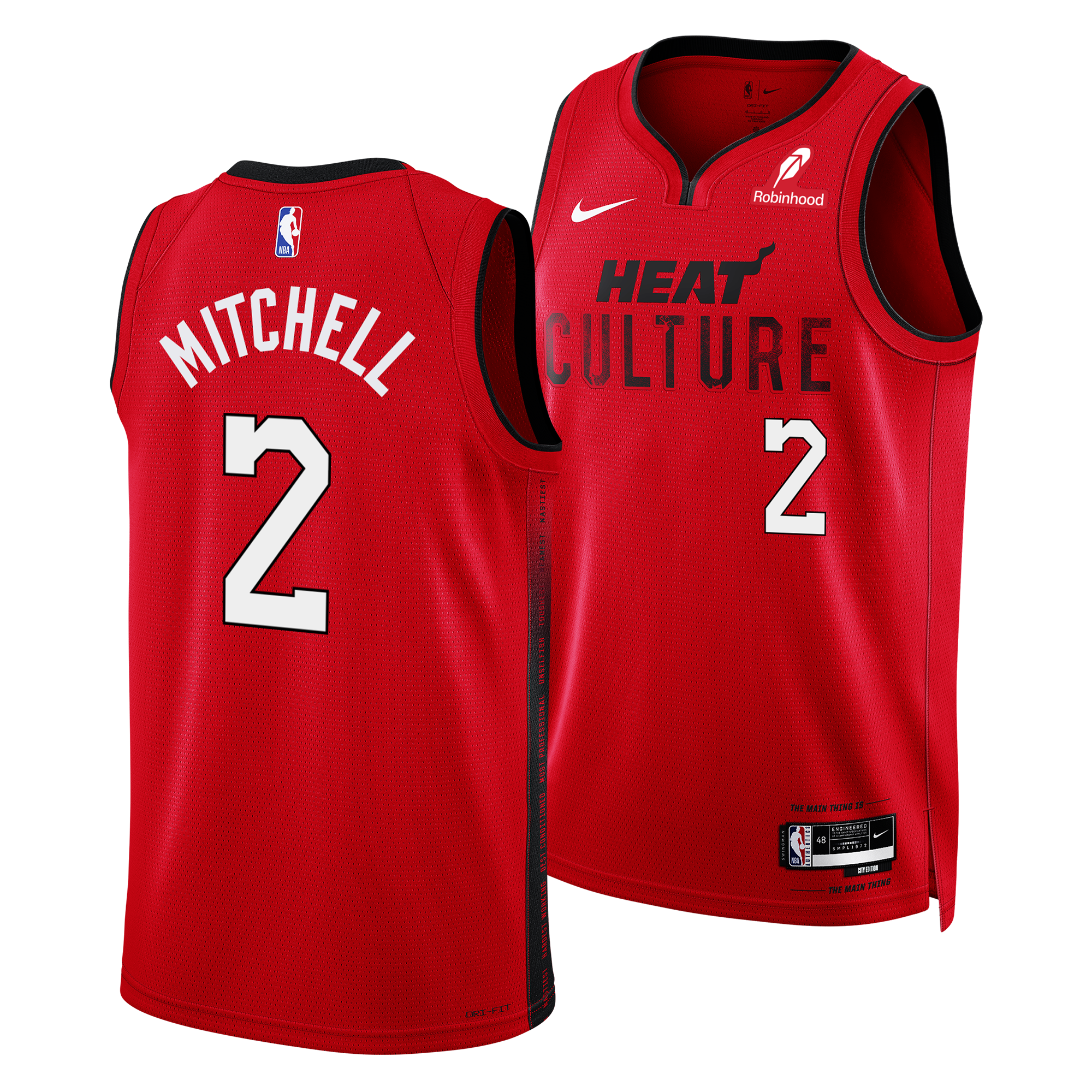 The Nike Davion Mitchell HEAT Culture: Blood Red Swingman Jersey (2024-25) features bold red with black trim, HEAT CULTURE and number 2 on the front, MITCHELL and 2 on the back, plus NBA and sponsor logos.