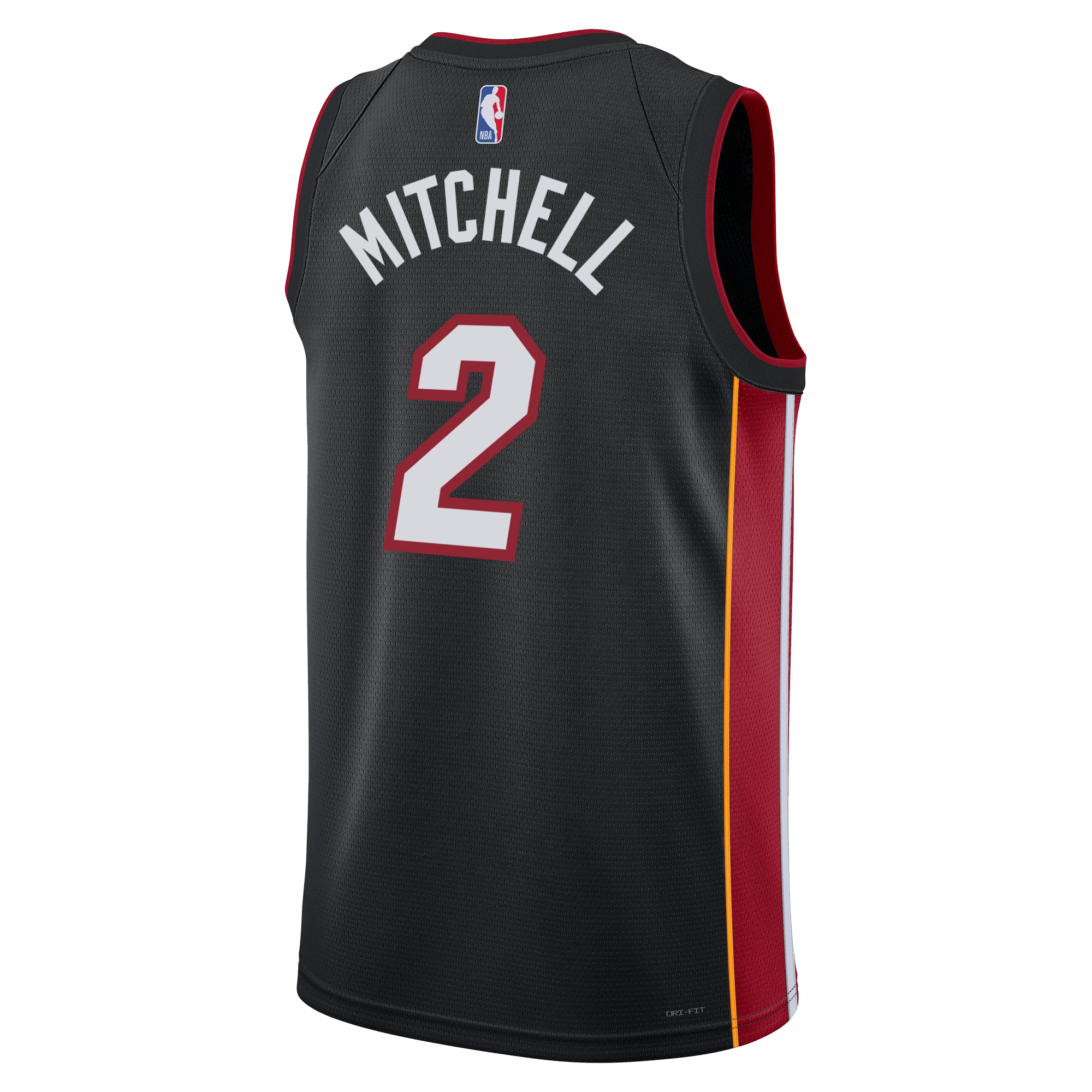 The Nike Davion Mitchell Miami HEAT Icon Black Youth Swingman Jersey features red and yellow side accents, Dri-FIT moisture-wicking tech, the NBA logo on the back collar, and MITCHELL above a white and red number 2.