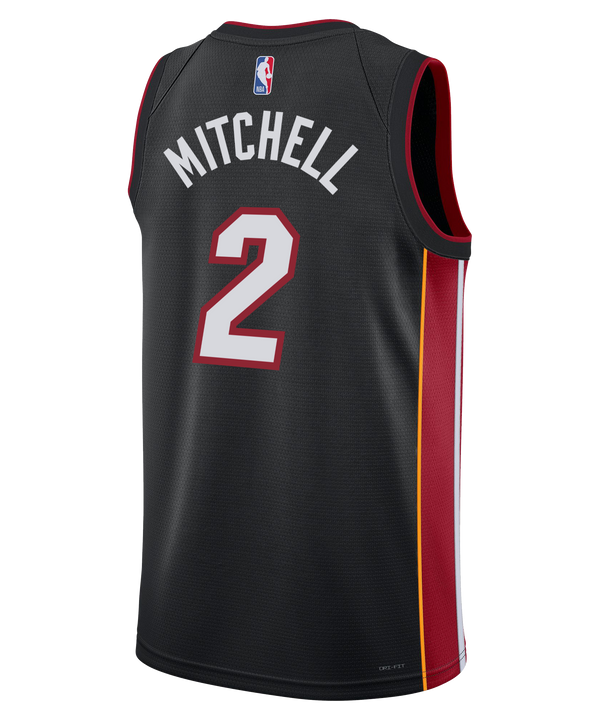 The Nike Davion Mitchell Miami HEAT Icon Black Youth Swingman Jersey features red and white MIAMI text, number 2 front, gold/red side panels, Dri-FIT moisture-wicking tech, and logos for Nike, Robinhood, and the NBA.