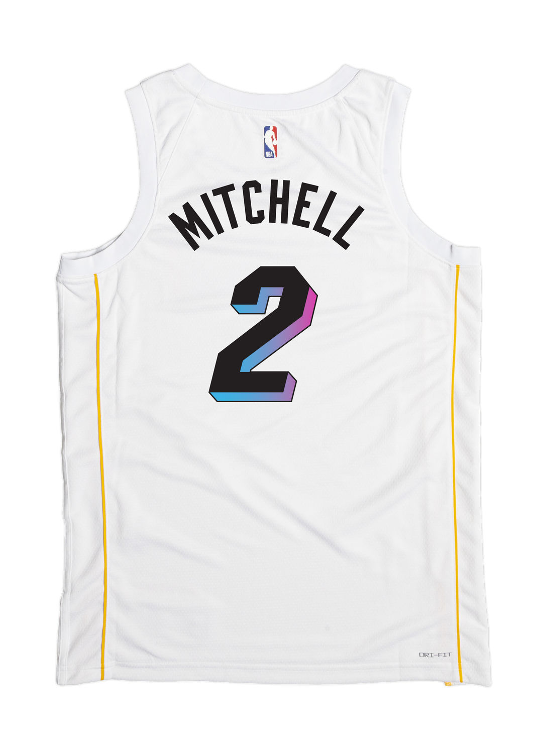 The Nike Davion Mitchell Miami Mashup Vol. 2 Swingman Jersey features a white polyester build, yellow side stripes, bold black gradient 